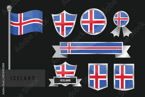 Iceland flag set. Collection of Iceland national emblems. Flat design of flags collection.