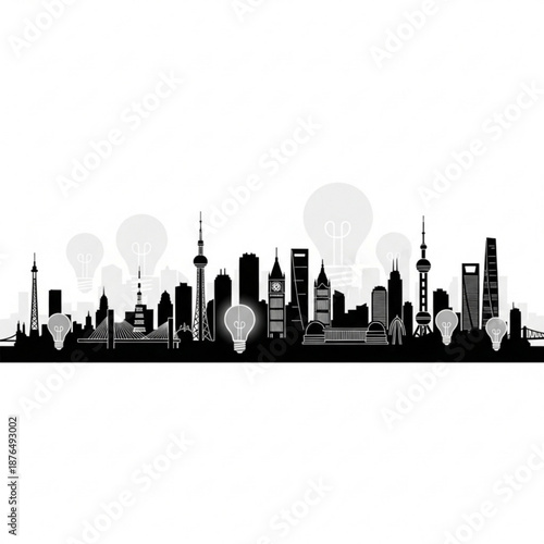 Modern city skyline with iconic skyscrapers and lightbulbs
