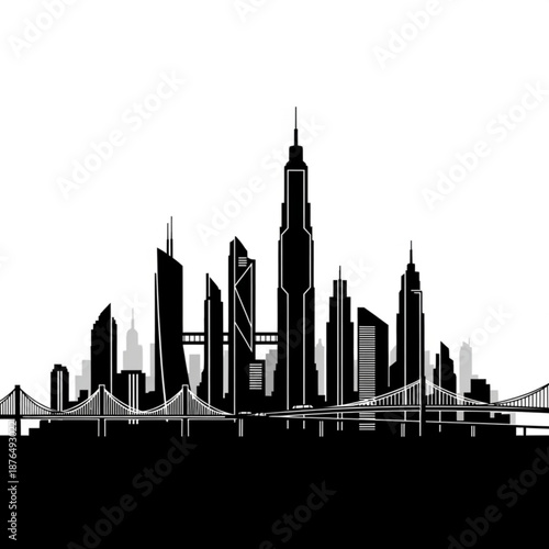 Modern city skyline with sleek skyscrapers and bridges
