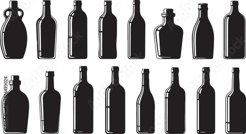 Collection of various black bottle silhouettes on white background