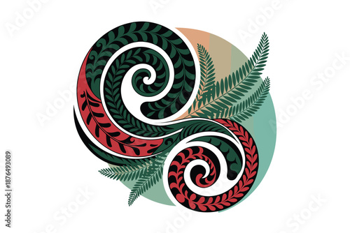 A vibrant vector graphic of a traditional Maori spiral design with fern leaves and a colorful background