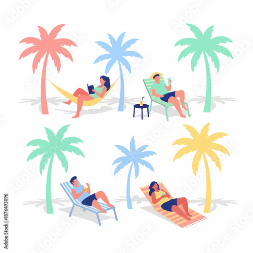 Tropical vacation leisure scene with people relaxing in hammocks and beach chairs under pastel-colored palm trees.