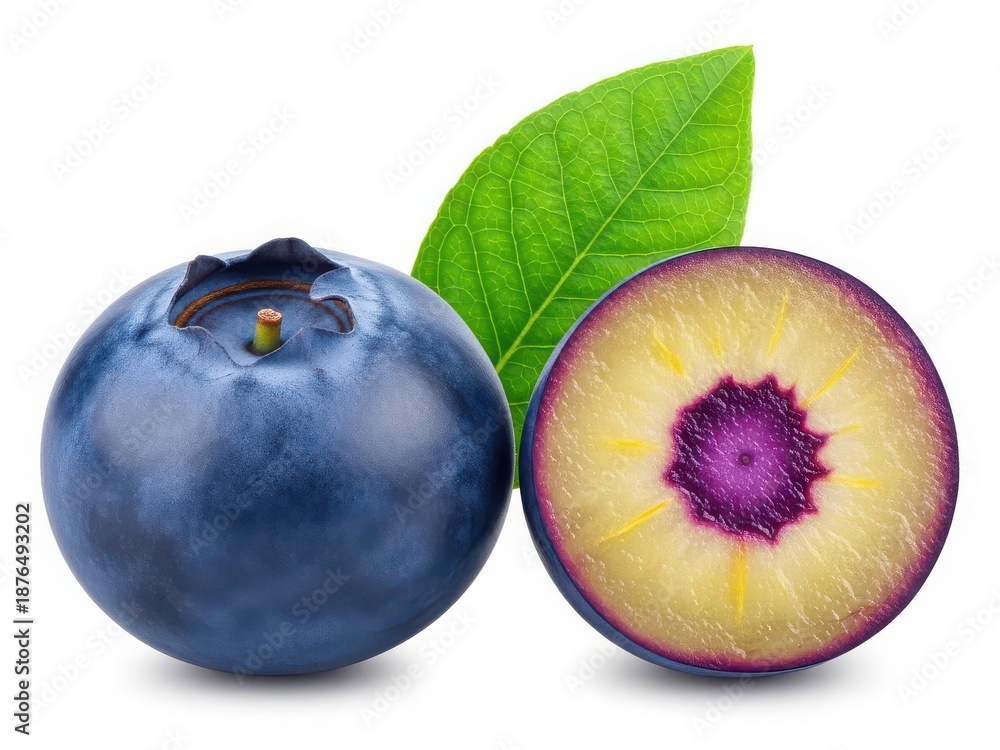 Obraz premium Fresh blueberry with leaf and cut section