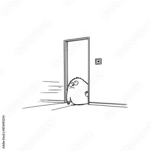 Frightened Man Peeking from Behind Open Door in Dark Room