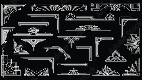 Art deco corner designs and ornamental elements on a black background
