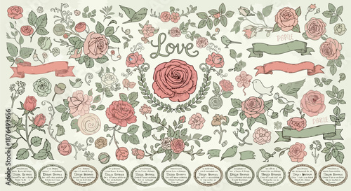 Vintage floral collection with roses ribbons and decorative elements for design
