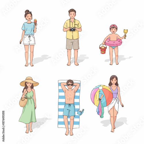 Diverse cartoon characters enjoying summer vacation and beach holiday activities: sunbathing, photography, swimming, and eating ice cream.