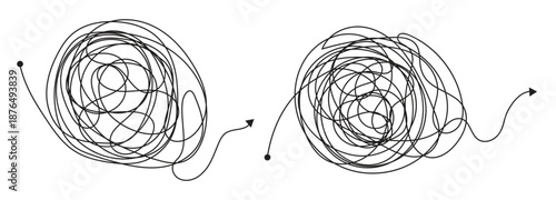 Arrow chaos mindset mess. Scribble doodle chaos mindset.  Problem solving, difficult line .Vector illustration. 