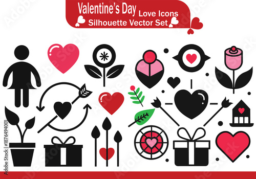 Valentine’s Day Love Icons Black Silhouette Vector Set