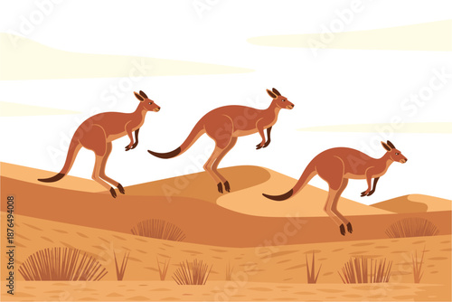 A vector illustration of three kangaroos jumping across a desert landscape with sandy dunes and sparse vegetation under a cloudy sky.