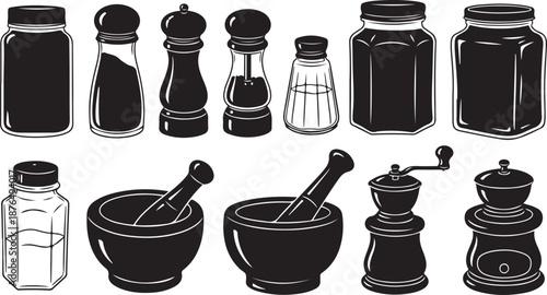 Black and white kitchen utensils and spice jars illustration