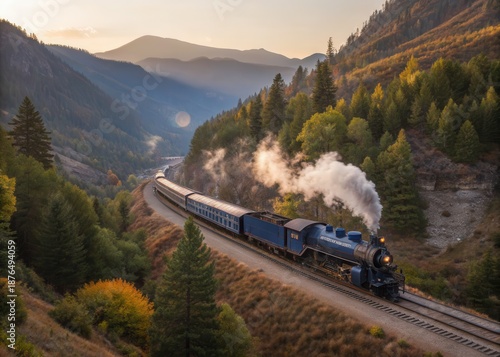 A green train travels across a railway bridge over a river in a mountainous Norway landscape with a summer forest, rocky hills, and a cloudy blue sky