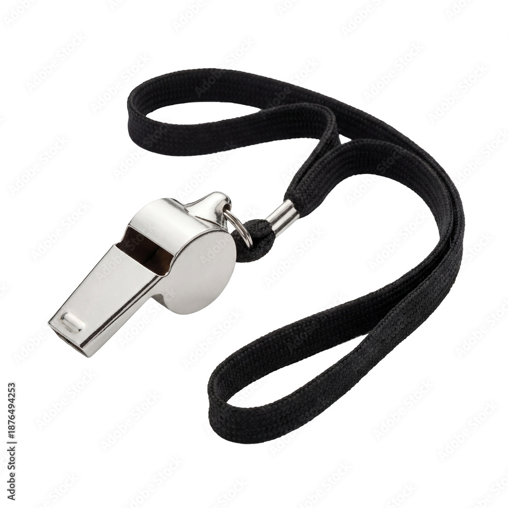 Fototapeta premium A metallic whistle with a black lanyard, set against a pristine background, symbol of guidance and direction