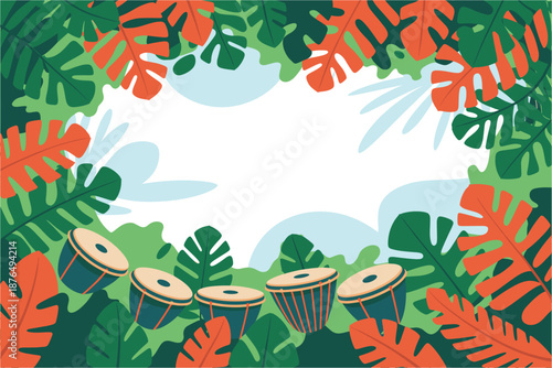 A vibrant illustration of tropical leaves and drums in a jungle setting