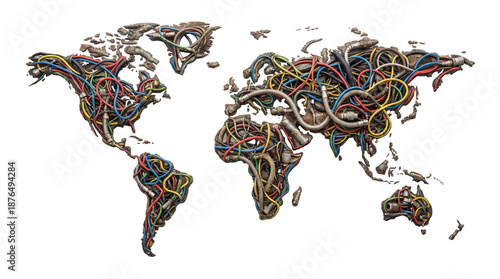 World map made of colorful electrical cables, a symbol of global connectivity