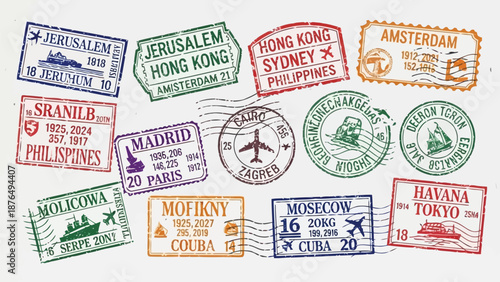 Collection of vintage travel stamps depicting various global cities and destinations