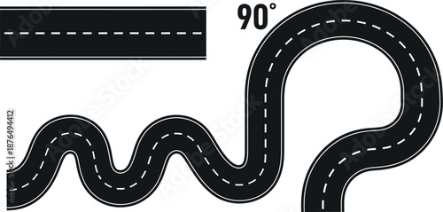 Winding road marked with dashed lines and a speed limit of 90