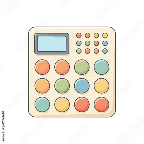 A stylized illustration of a digital music production controller with a screen and multiple colorful buttons, perfect for electronic music enthusiasts and beatmakers