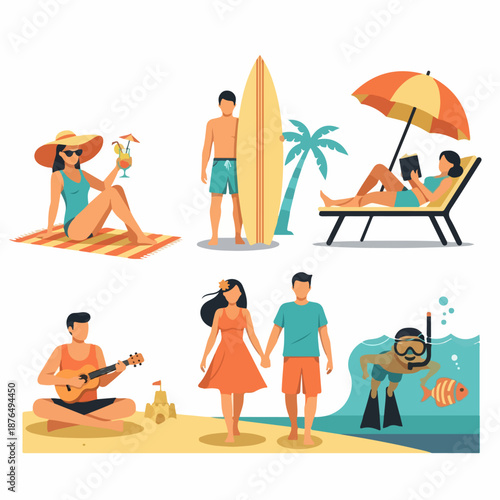 Flat illustration set of diverse people enjoying summer holidays and beach leisure activities like swimming, reading, and walking.