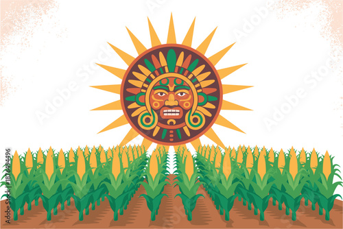 A vibrant vector graphic of an Aztec sun symbol above a cornfield
