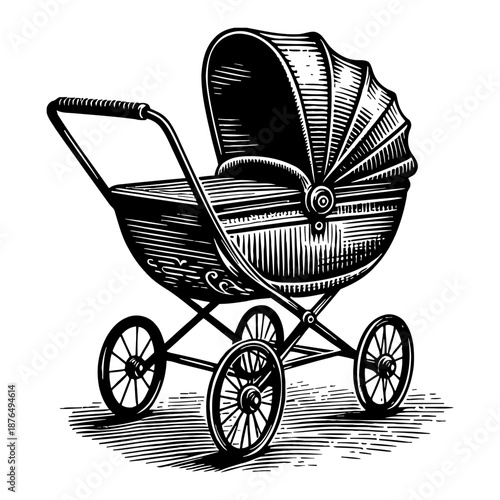 Antique Baby Stroller Illustration Detailed Black And White Vintage Bassinet Carriage