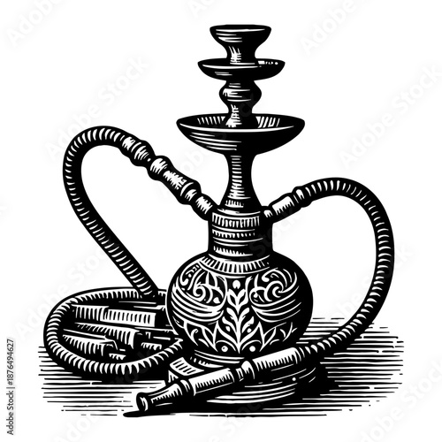 Antique Engraved Hookah Pipe With Intricate Patterns And Two Hoses