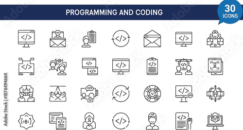 Collection of 30 programming and coding related icons and symbols