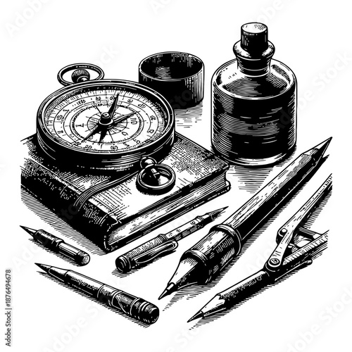 Antique Writing Instruments And Pocket Watch On Textured Book With Inkwell And Nib Pen Isolated On