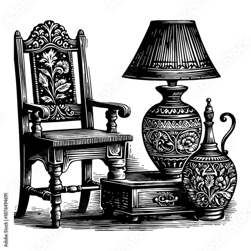 Antique Wood Carved Armchair With Ornate Table Lamp And Decorative Vase Detailed Engraving