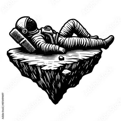 Astronaut Relaxing On A Floating Island In Space Black And White Ink Illustration
