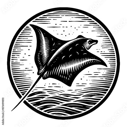 Black And White Manta Ray Swimming In Wavy Water Inside Circle