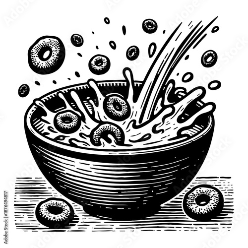 Black and White Retro Cereal Bowl Splash Milk Pouring Breakfast Food Illustration