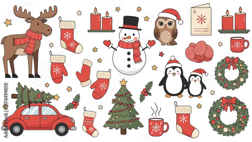 Festive christmas illustrations reindeer snowman owl and winter holiday decorations