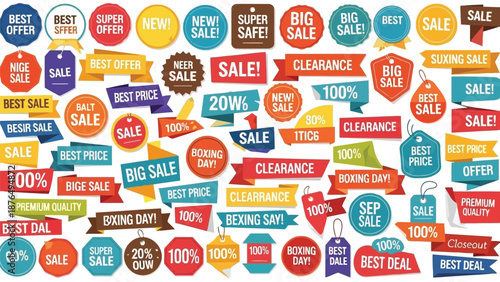 A colorful collection of various sale and offer labels and price tags