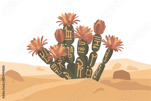 A vibrant desert landscape featuring a unique cactus with symbolic tattoos and orange flowers.