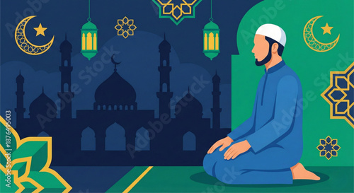 Muslim Man Praying Ramadan Eid Mubarak Mosque Islamic Culture Tradition Worship Prayer Night