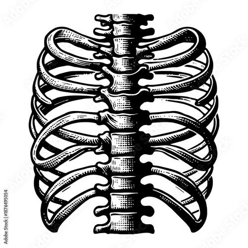 Detailed Black And White Human Rib Cage Anatomy Illustration With Spinal Column Detailed Drawing