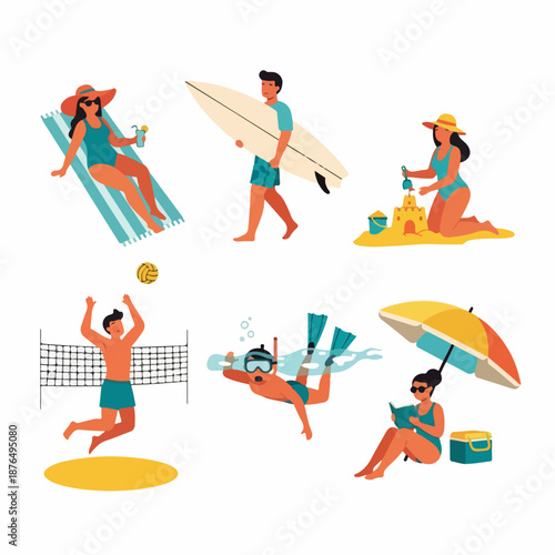 People enjoying summer beach activities set: sunbathing, surfing, sandcastles, volleyball, reading, and snorkeling. Isolated vector illustration.