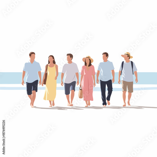 Minimalist flat illustration of a group of five friends walking barefoot on a sunny beach, enjoying summer vacation.