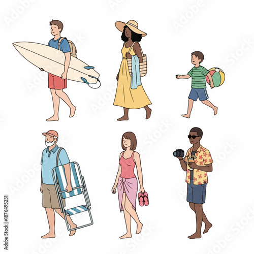 Collection of diverse beachgoers illustration: surfer, tourist, family, and summer vacationers carrying gear on a white background.