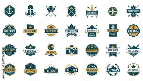 Collection of nautical and travel themed badges and icons in a vintage style