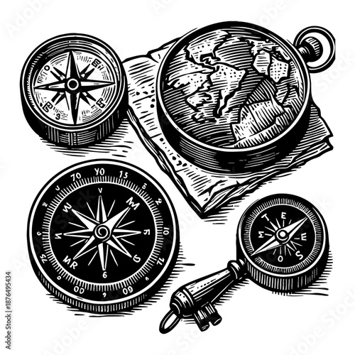 Group Of Four Vintage Compasses And Map On White Background