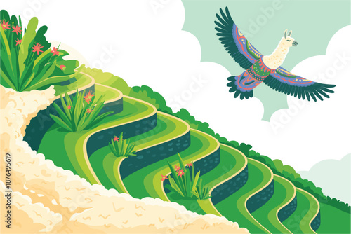 A colorful illustration of a bird flying over a terraced hillside with lush greenery and vibrant flowers