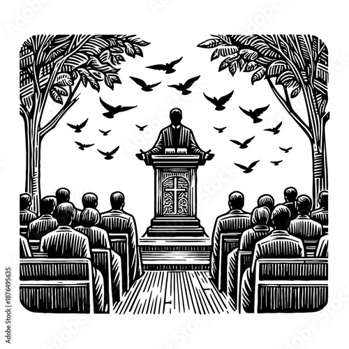 Man Preaching from Podium to Congregation Under Flock of Birds in Trees