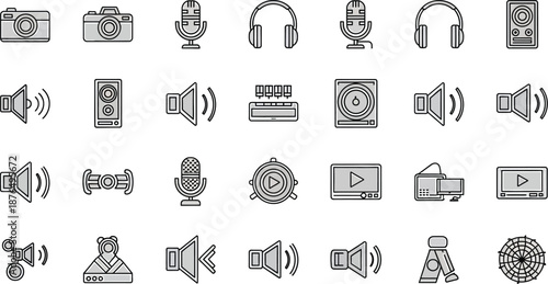 A collection of various audio and video equipment icons in a sketchy line drawing style