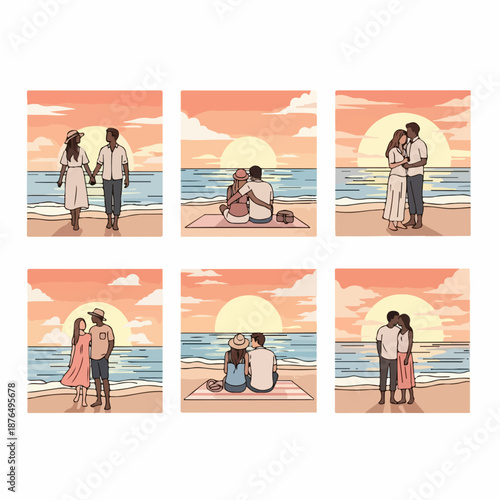 Romantic collection of six illustrations featuring diverse couples enjoying a peaceful beach vacation at a warm sunset.