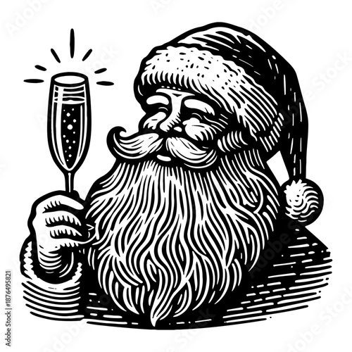 Santa Claus Holding Champagne Glass Celebratory Toast Black And White Illustration