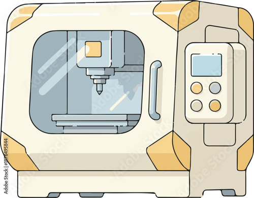 Modern 3D printing machine, compact design with a digital display and intricate mechanical components, ready for prototyping and manufacturing