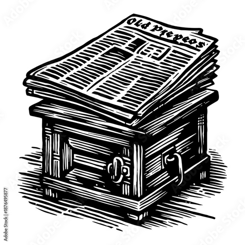 Stack Of Newspapers On A Wooden Box With Handles And Latches Black And White Illustration