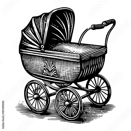 Vintage Baby Stroller With Large Wheels And Canopy Detailed Wood Grain Texture And Handle